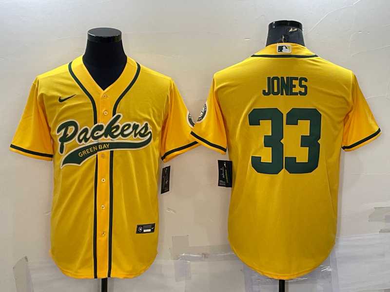 Mens Green Bay Packers #33 Aaron Jones Yellow With Patch Cool Base Stitched Baseball Jersey->green bay packers->NFL Jersey